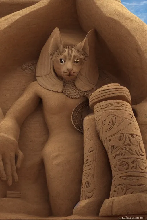 Prompt: a detailed sand sculpture of a godly egyptian cat, unreal engine 5, painted by gaston bussiere, hyper realism, artistic, dramatic lighting