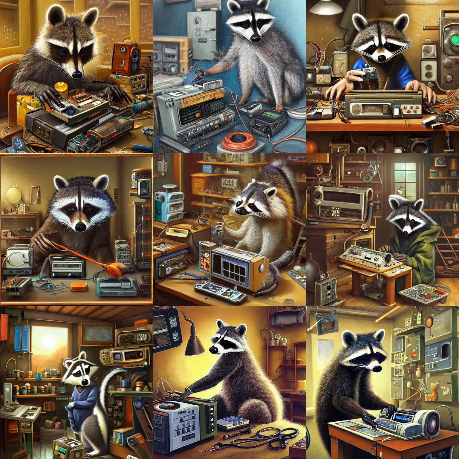 Prompt: FurAffinity art oil painting of an anthro raccoon in his workshop tinkering with retro electronics, extremely detailed, realistic shading, trending on FurAffinity