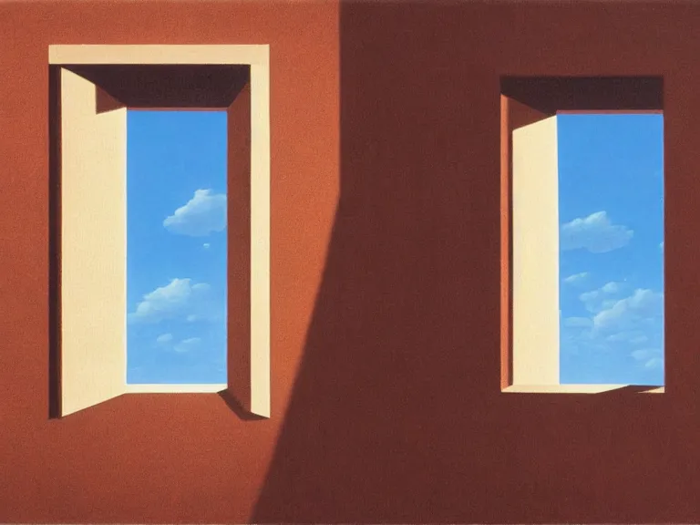 Prompt: an open window to nothingness in brick wall with endless hallway inside, painting by rene magritte, centered, high detail, high resolution