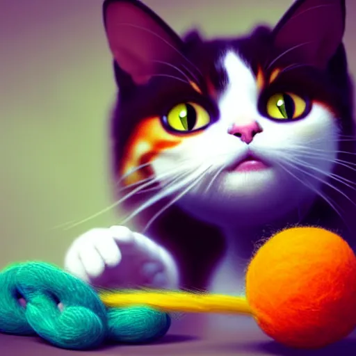 Prompt: a cute calico cat playing with a ball of yarn, artstation, cgsociety, storybook art