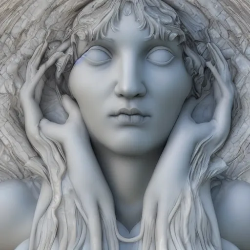 Image similar to “a delicate renaissance marble sculpture of a !female !!face , covered with water veil, highly detailed !!!transparent marble cloth, gi, global illumination, physically based rendering, photorealistic, top light , dark background”