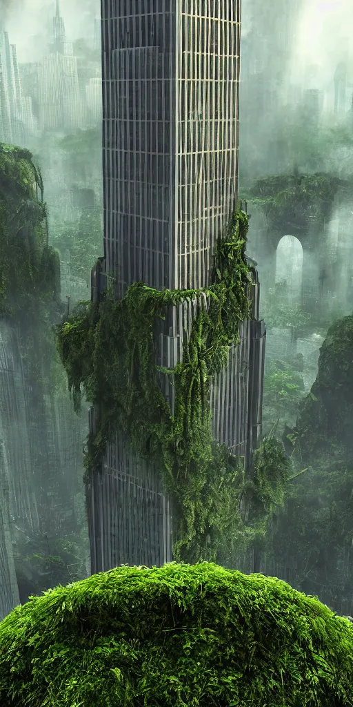 Prompt: an epic view of the ecotopic empire state building covered in vines and moss, jungle, with pterosaurs flying, close - up, low angle, wide angle, atmospheric, volumetric lighting, cinematic, 8 k, octane render, unreal engine, very realistic, highly detailed digital art, painted by tyler edlin