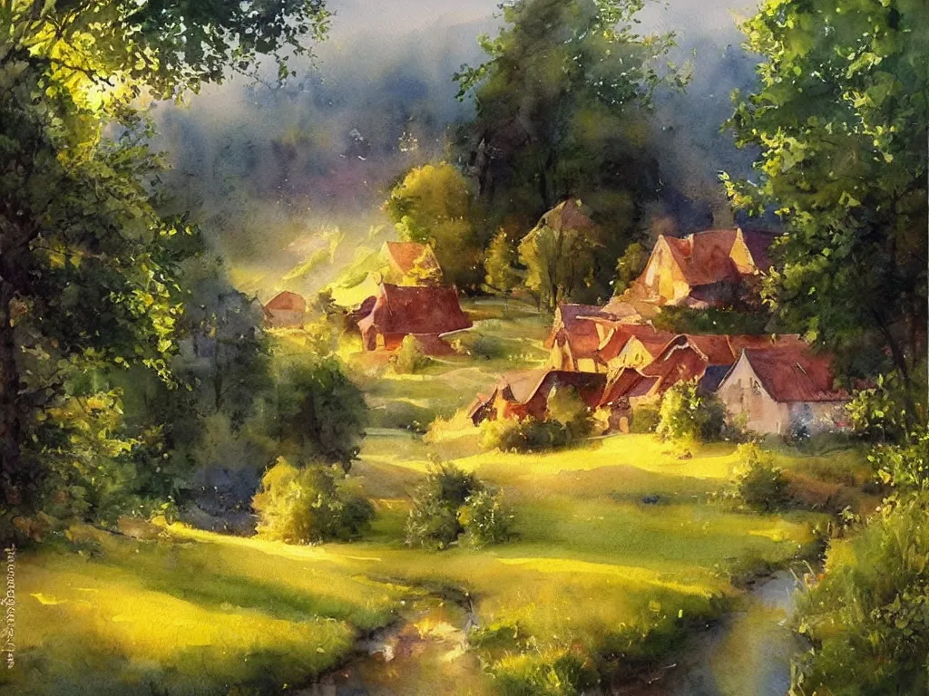 A beautiful painting of a village in the mountains,, Stable Diffusion