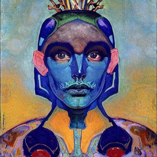 Image similar to the bone crown, by Annie Swynnerton and Nicholas Roerich and Diego Rivera, blue skin, elaborate costume, iridescent beetles, geometric ornament, rich color, dramatic cinematic lighting, smooth, sharp focus, extremely detailed