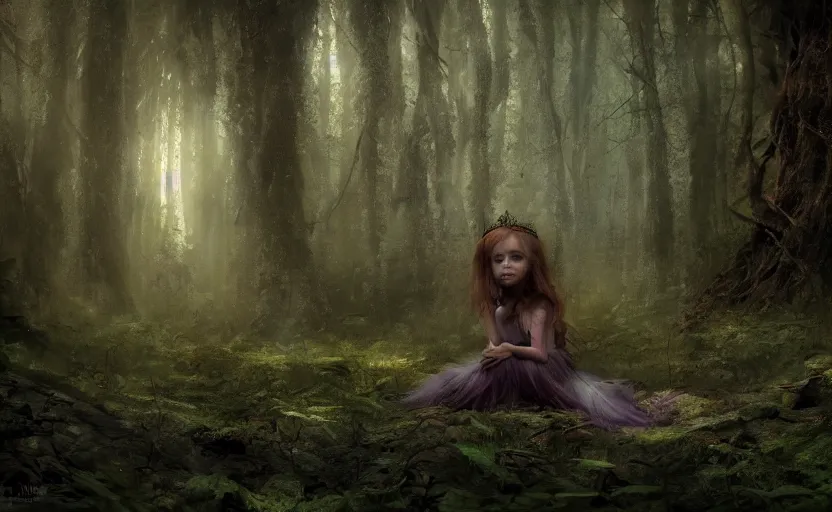 Prompt: A tiny fairy princess, in a dark forest, macro, cool tones, underexposed, overecast, mysterious matte painting by greg rutkowski and marc simonetti and Ivan Shishkin, 4k