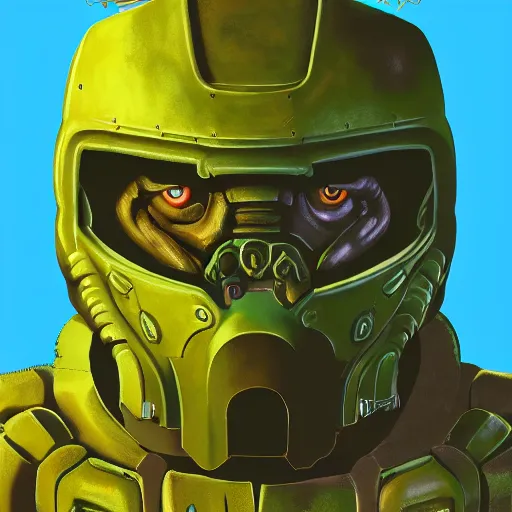 Image similar to portrait of doomguy from game doom, highly detailed, 8 k render centered, digital painting