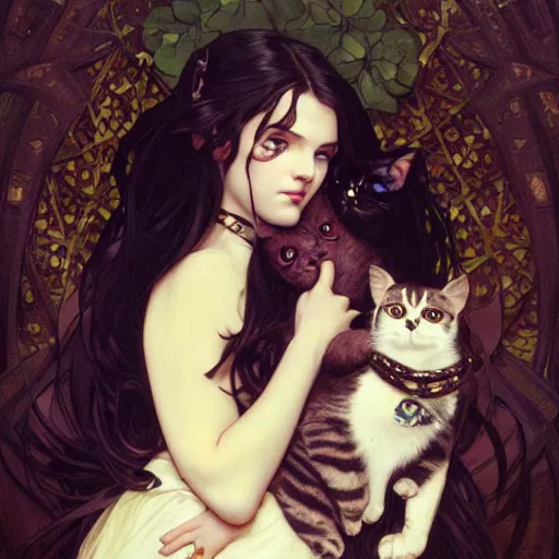 Prompt: cute goth girl with long dark hair parted sideways thick eyebrows and dark eyes, she is holding a cat in her arms, by juan villafuerte, greg rutkowski and alphonse mucha, pexels contest winner, high quality photo, rtx, hd