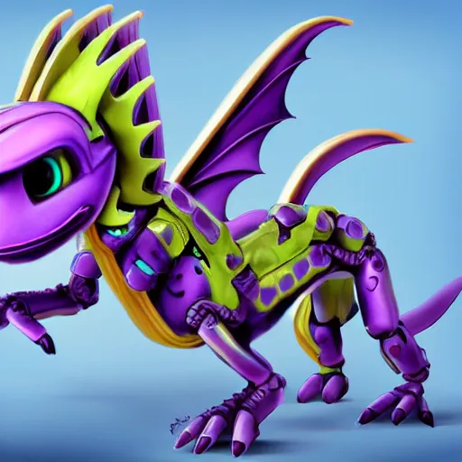 Prompt: very cute small purple robototechnic dragon with well-designed head and four legs, Spyro,Disney, digital art
