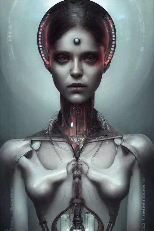 Image similar to a beautiful portrait of a cyberpunk female, detailed, realistic eyes, symmetry body features proportions, bioluminescence, award winning, by Tom Bagshaw