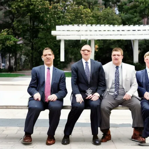 Prompt: two clean - shaven chubby white men in suits and neckties sitting on a park bench. each men are holding manila folders.