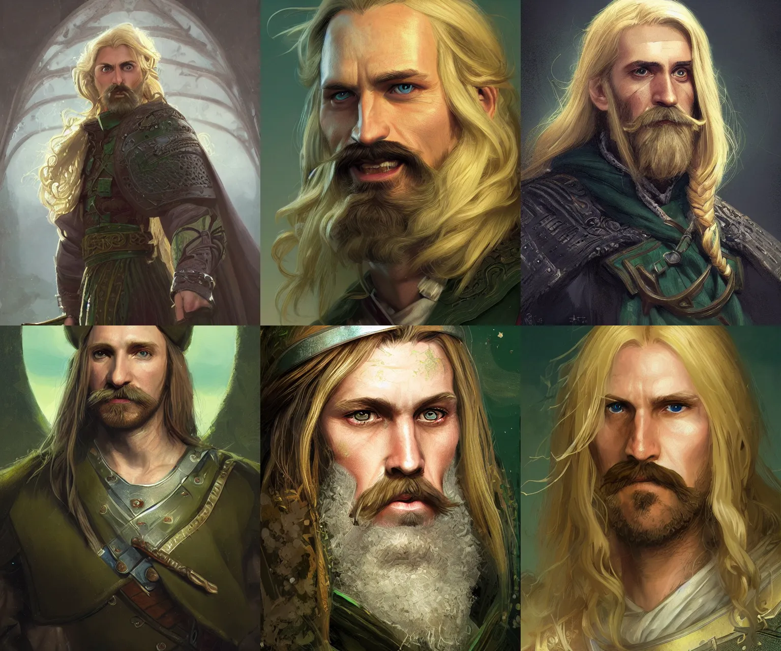 Prompt: portrait of a 3 5 - year - old human male noble with long blonde hair and a mustache, green eyes, medieval setting, detailed face, highly detailed, digital painting, artstation, concept art, sharp focus, illustration, by greg rutkowski and craig mullins