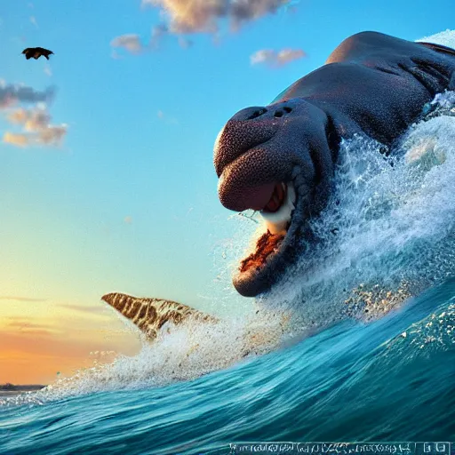 Image similar to a closeup photorealistic photograph of a cute smiling knitted tiger hippopotamus riding a wave at sunset. surf in background. professional capture. brightly lit scene. this 4 k hd image is trending on artstation, featured on behance, well - rendered, extra crisp, features intricate detail, epic composition and the style of unreal engine.