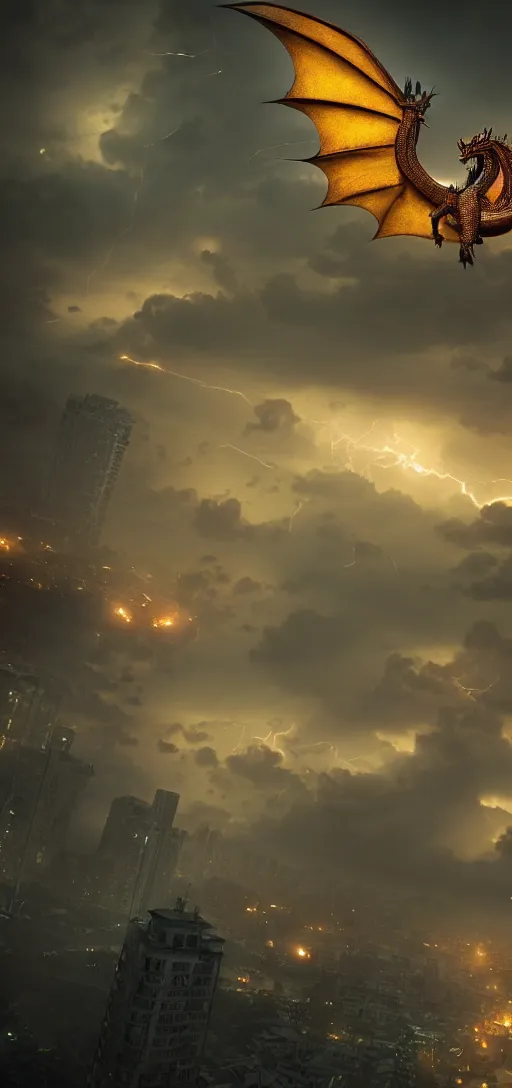 Image similar to vietnamese dragon flying above hanoi city, concept art, moody lightning, amazing composition, high details, octane render, unreal engine