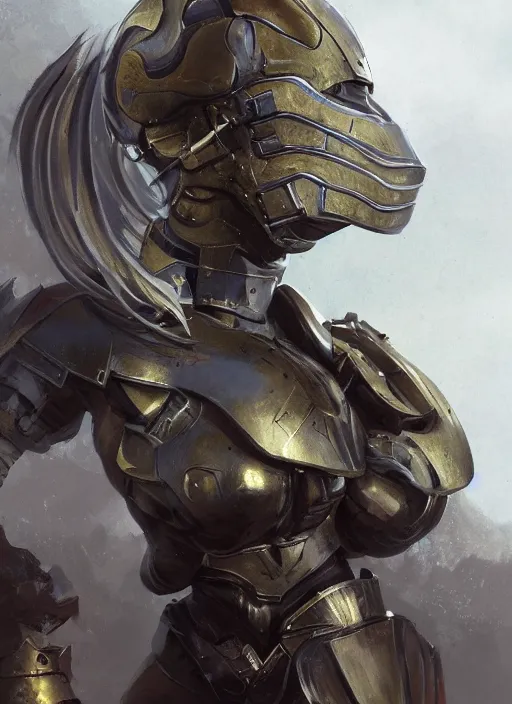 Image similar to a professional painting of a beautiful young female, wearing a dragon-shaped metallic helmet, clothed in battle armor, olive skin, long dark hair, beautiful bone structure, symmetrical facial features, intricate, elegant, digital painting, concept art, smooth, sharp focus, illustration, from Metal Gear, by Ruan Jia and Mandy Jurgens and Greg Rutkowski and Artgerm and William-Adolphe Bouguerea