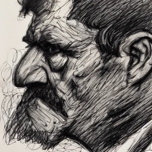 Image similar to a realistic yet scraggly portrait sketch of the side profile of a stern and sophisticated the heavy, trending on artstation, intricate details, in the style of frank auerbach, in the style of sergio aragones, in the style of martin ansin, in the style of david aja, in the style of mattias adolfsson