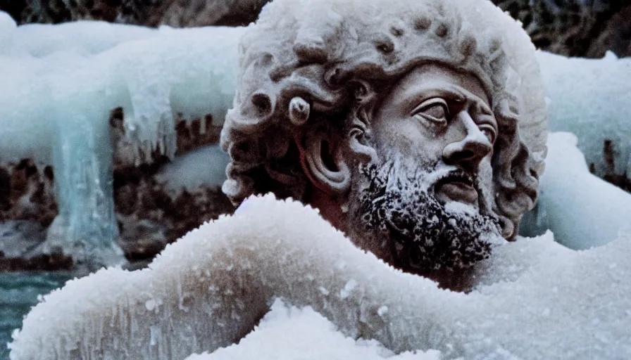 Image similar to 1 9 6 0 s movie still close up of marcus aurelius in toga frozen to death under the snow by the side of a river with gravel, pine forests, cinestill 8 0 0 t 3 5 mm, high quality, heavy grain, high detail, texture, dramatic light, anamorphic, hyperrealistic, detailed hair, foggy