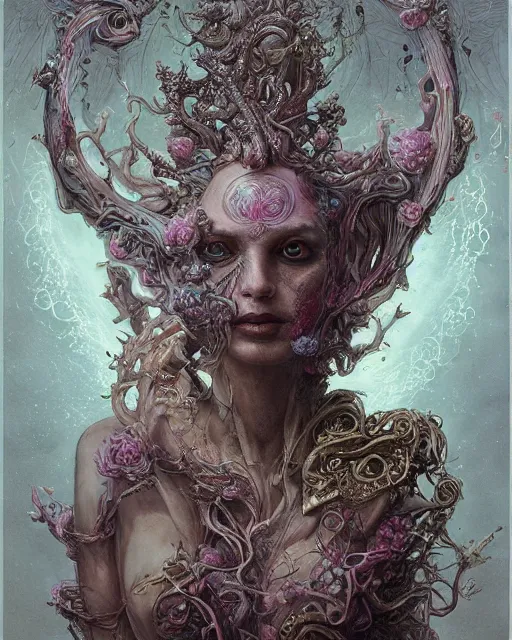 Prompt: a beautiful detailed front view portrait of a dead rotten princess growing ornate baroque, ornamentation, elegant, beautifully soft lit, by wayne barlowe, peter mohrbacher, kelly mckernan