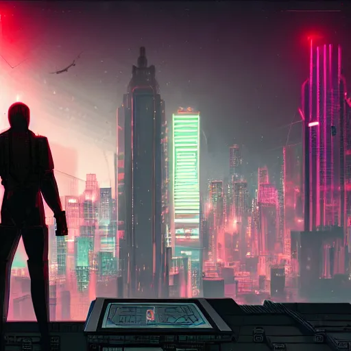 Prompt: character with short white hair who is half machine, overlooking city, neonpunk, scifi, intricate, detailed red lighting, digital art - n 5