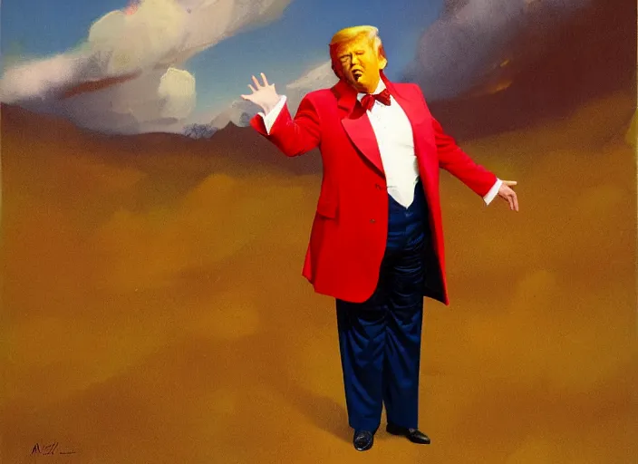 Image similar to donald trump dressed as ronald mcdonald, matte painting, by isaac levitan and asher brown durand,