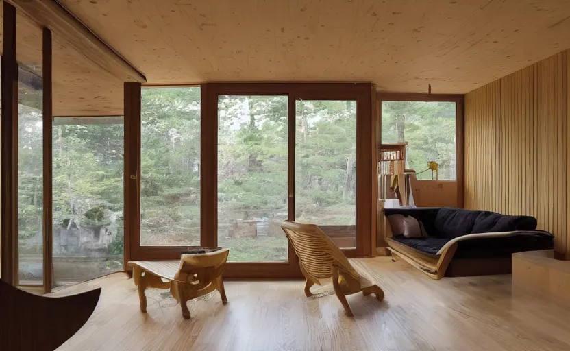 Prompt: luxurious wooden cottage by alvar aalto, modern japanese living room, japanese flower arrangements, architecture photography