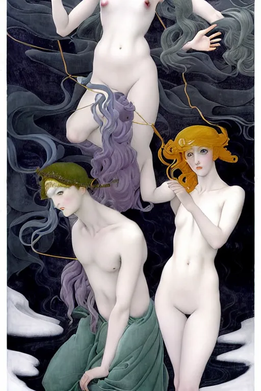 Image similar to 3 Winter Deities, (one representing each month of December, January, and February), in a mixed style of Æon Flux, Peter Chung, Botticelli, and John Singer Sargent, inspired by pre-raphaelite paintings, shoujo manga, and cool Japanese street fashion, moody cold landscape, dark and muted colors, hyper detailed, super fine inking lines, dramatic color, 4K extremely photorealistic, Arnold render