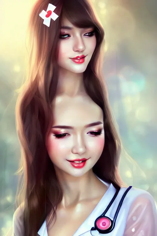 Prompt: glamorous and sexy nurse in transparent blouse, !shy smiling!, beautiful, pearlescent skin, natural beauty, seductive eyes and face, elegant girl, !!natural beauty!!, very detailed face, seductive lady, !!full body portrait!!, natural lights, photorealism, summer vibrancy, cinematic, a portrait by artgerm, rossdraws, Norman Rockwell, magali villeneuve, Gil Elvgren, Alberto Vargas, Earl Moran, Enoch Bolles