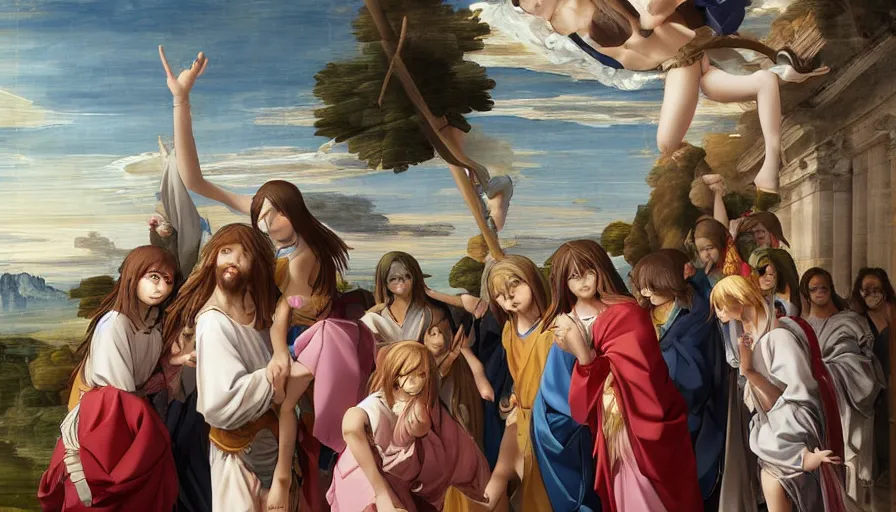 Image similar to jesus christ our lord being carried by cute lightly dressed anime girls, photorealistic, anime, mini skirt, long hair, renaissance painting, hyper real, detailed, wide angle shot, ultra detailed