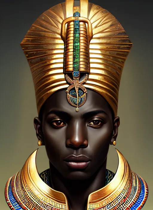 Image similar to close up portrait khonsu moon god, egyptian symbolism, dark black skin, no pupils, handsome sub - saharan african man by artgerm, cushart krenz, greg rutkowski, mucha. art nouveau. gloomhaven, pale colors, sharp edges. ultra clear detailed. 8 k. elegant, intricate, octane render