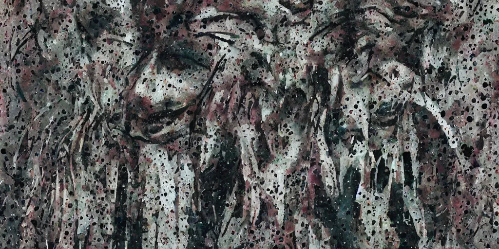 Image similar to camo made of teeth, smiling, abstract, francis bacon artwork, cryptic, dots, stipple, lines, splotch, color tearing, pitch bending, faceless people, dark, ominious, eerie, minimal, points, technical, old painting