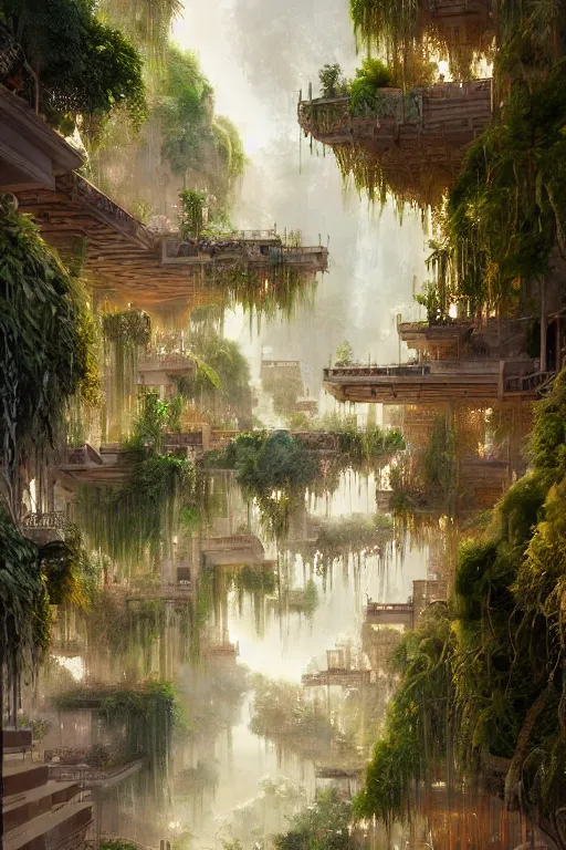 Image similar to magnificent view of the hanging gardens of babylon, intricate, elegant, volumetric lighting, digital painting, highly detailed, artstation, sharp focus, illustration, concept art, ruan jia, steve mccurry