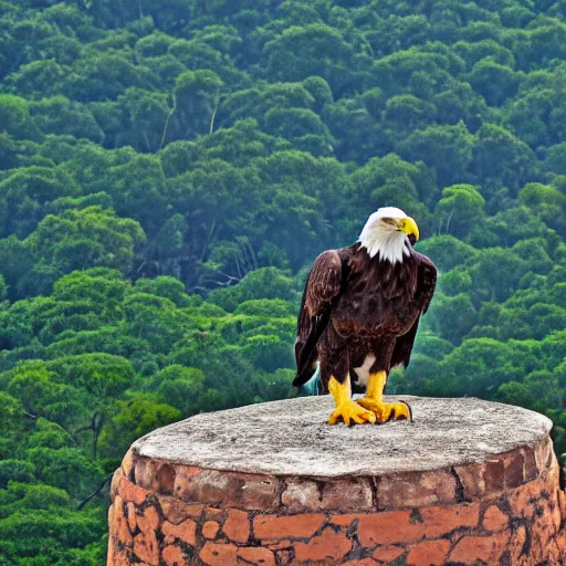 Image similar to eagle sitting on top of zimbabwe conical tower ruins, wide angle