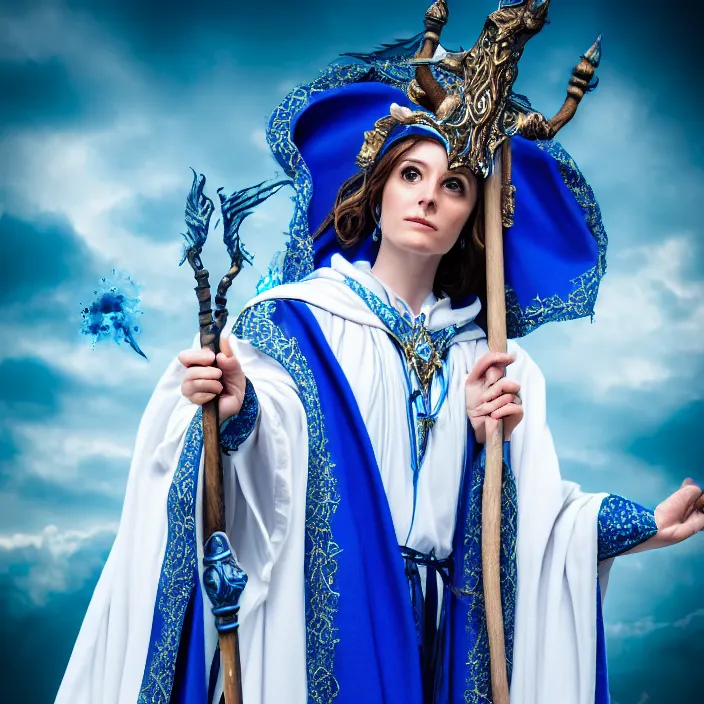 Image similar to professional photograph of a real-life beautiful elemental sky witch with ornate white and blue robes and staff. Extremely detailed. 8k