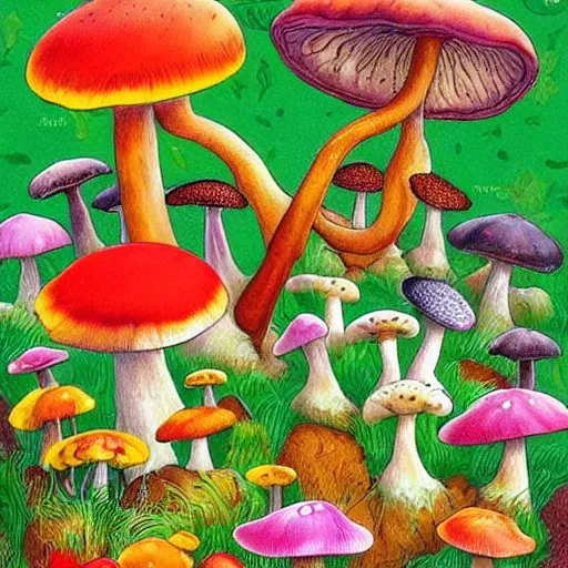 Image similar to a bunch of mushrooms that are on the ground, a jigsaw puzzle by ursula wood, pinterest contest winner, ecological art, psychedelic, colorful, i can't believe how beautiful this is