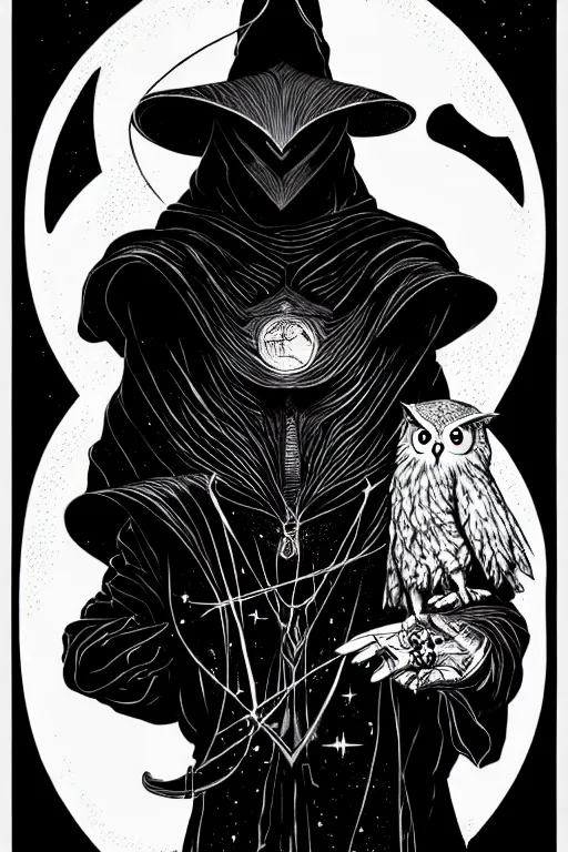 Prompt: side view of majestic alchemists cloaked wizard holding his pet owl on his glove, high details, bold line art, by vincent di fate and joe fenton, inking, etching, screen print, masterpiece, trending on artstation, sharp, high contrast, hyper - detailed,, hd, 4 k, 8 k