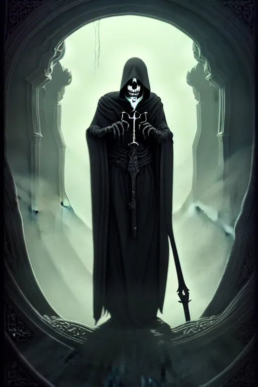 Prompt: video game cover, creepy grim reaper dressed with a cape, intricate baroque style. by carl gustav carus, by hsiao - ron cheng, masterpiece. intricate artwork, very coherent symmetrical artwork, cinematic, octane render, smooth gradients, high contrast. full body character, clean ink detailed line drawing, intricate detail, extremely detailed.