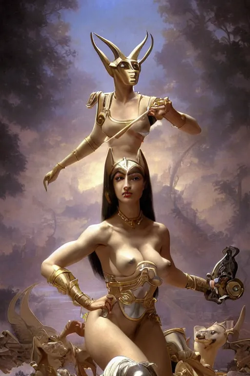 Image similar to Mystical Valkyrie, Regal, Realistic, Refined, full portrait of a beautiful female Cyborg Anubis Warrior, Detailed Digital Art, Oil Painting, François Boucher, William-Adolphe Bouguereau, Steampunk, Walt Disney (1937), dynamic lighting, very very very very very beautiful, character illustration by Jean Giraud, Highly Detailed, Cinematic Lighting, Unreal Engine, 8k, HD