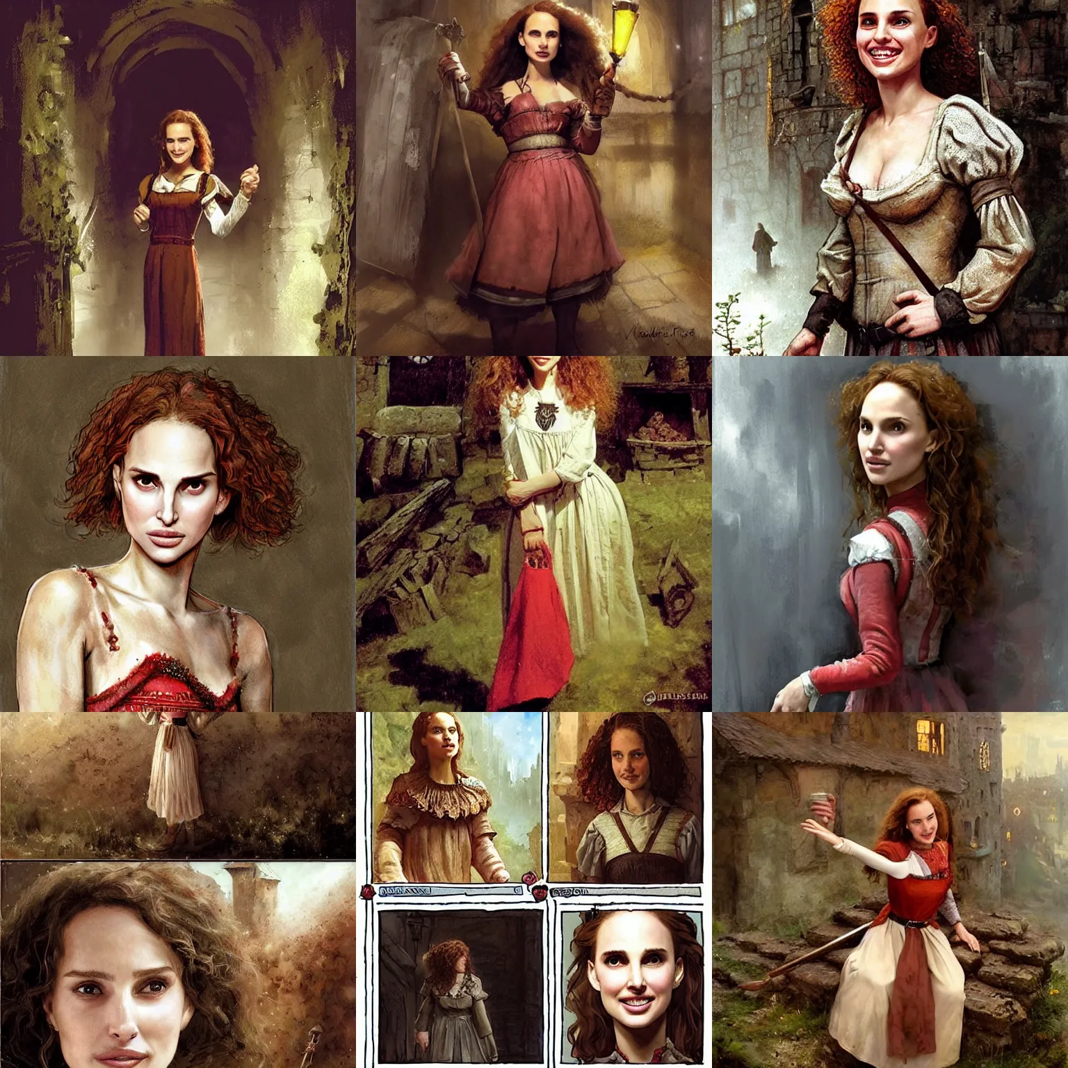 Prompt: young, freckled, curly haired, redhead natalie portman as a optimistic!, cheerful, giddy medieval innkeeper in a dark medieval inn. dark shadows, dim lights, colorful, law contrasts, fantasy concept art by jakub rozalski, jan matejko, and j. dickenson