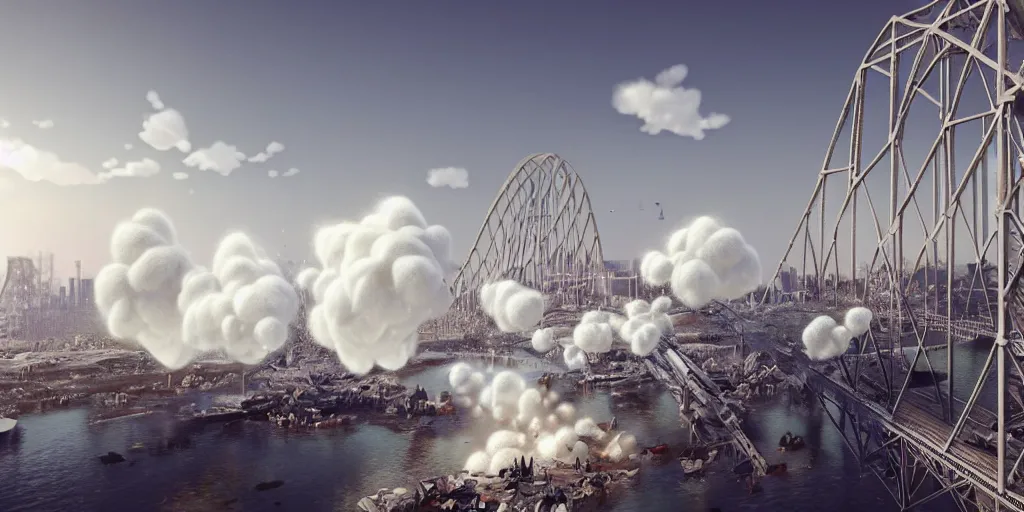 Image similar to explosions in the form of realistic white cotton plants on harbour bridge, huge white cotton everywhere on the destroyed harbour bridge, smooth, sharp focus, highly detailed, 3 d octane render, epic lighting, lots of white cotton, 8 k, by goro fujita