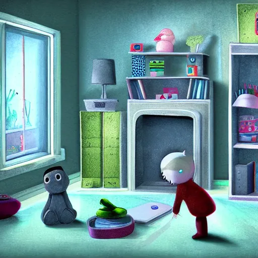 Image similar to A sentient toy explores a room. Detailed digital art.