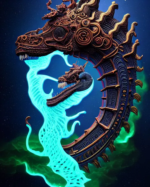 Image similar to 3 d ornate carved dark cosmic horse with profile portrait, sigma 5 0 0 mm f / 5. beautiful intricate highly detailed quetzalcoatl skull. bioluminescent, plasma, lava, ice, water, wind, creature, thunderstorm! artwork by tooth wu and wlop and beeple and greg rutkowski, 8 k trending on artstation