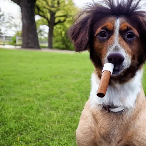 Image similar to a photo of a dog in a park with a small cigar in his mouth