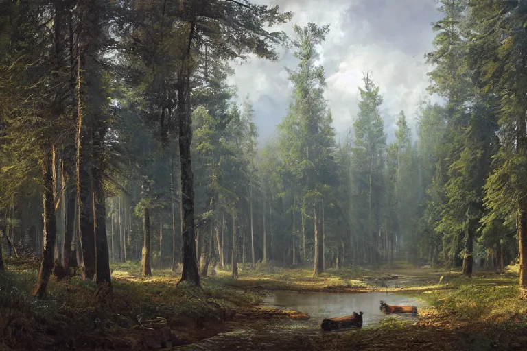 Image similar to A beautiful painting of russian village in dark forest by ivan shishkin and arkhip kuindji, trending on artstation,matte painting