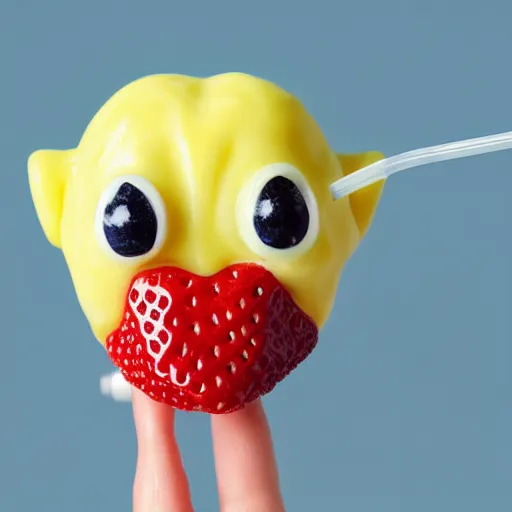 Image similar to a cute strawberry with two front teeth, holding a yellow toothbrush, in the style of shinji aramaki