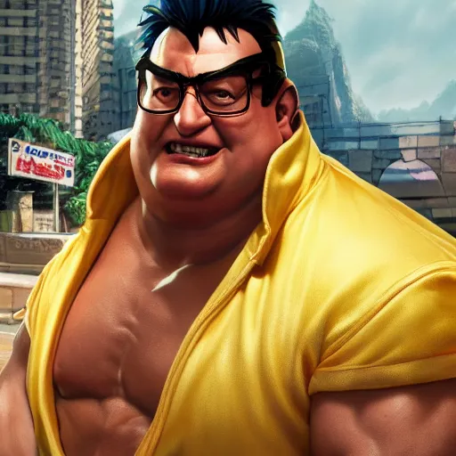 Image similar to wayne knight as e. honda street fighter, portrait, ultra realistic, concept art, intricate details, highly detailed, photorealistic, octane render, 8 k, unreal engine, art by frank frazetta, simon bisley, brom