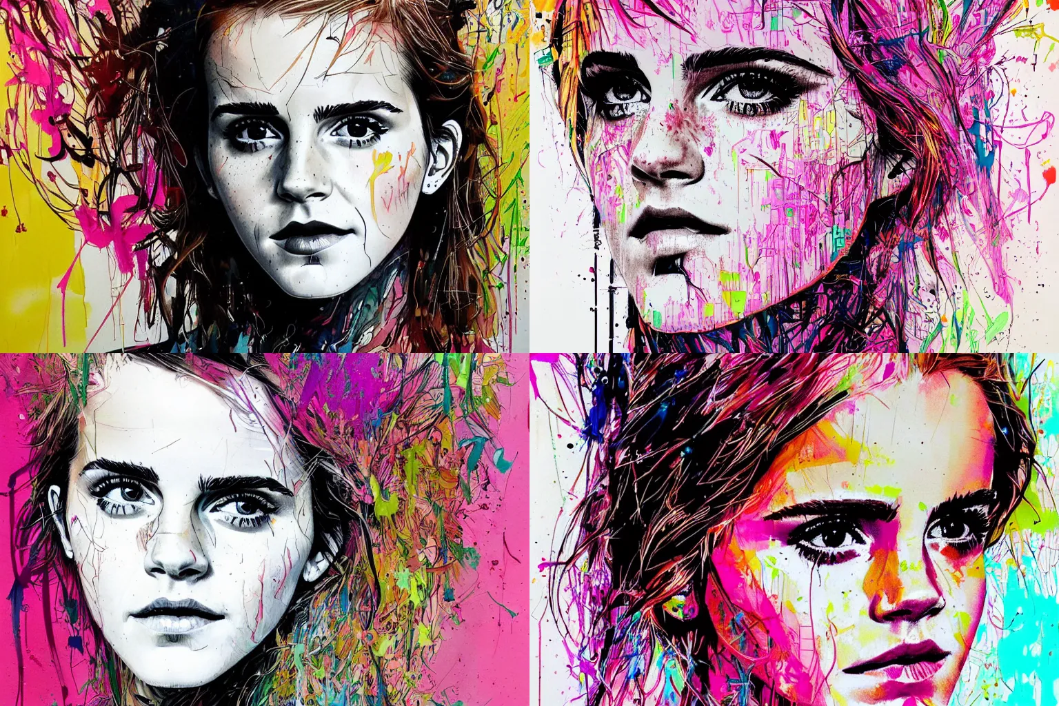 Prompt: portrait of Emma Watson by Carne Griffiths and Jim Mahfood, vivid