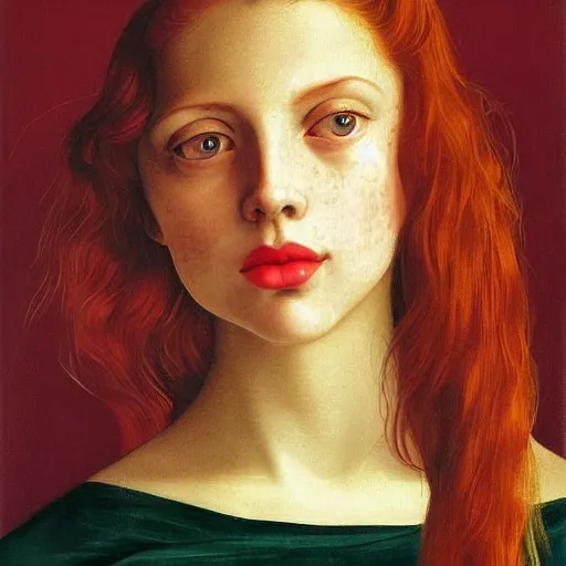 Image similar to a highly detailed portrait of a red haired young woman, among golden fireflies and nature, deep green eyes, hint of freckles, round gentle face, cheeky smile with red lips, deep focus, smooth, sharp, golden ratio, elegant, hyper realistic art by artemisia lomi gentileschi, caravaggio and sakimichan