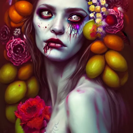 Image similar to portrait of a zombie punk covered in fruit, flowers, crystals, 4 k, atmospheric lighting, highly detailed, art by charlie bowater