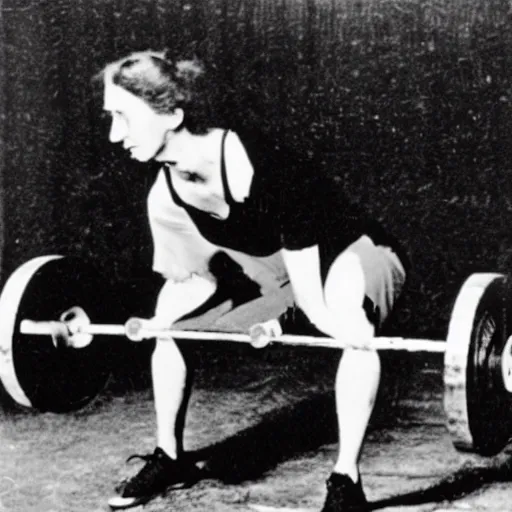 Image similar to Virginia Woolf deadlifting a heavy barbell