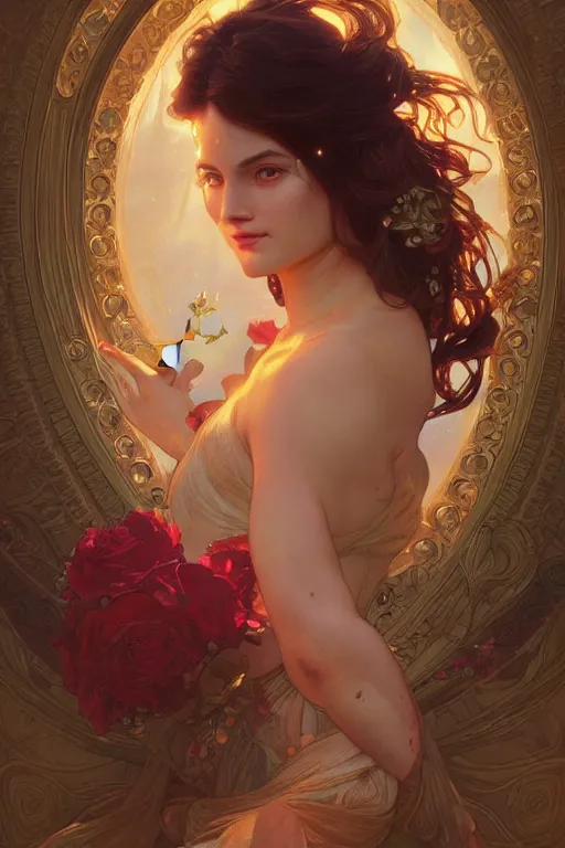 Image similar to close up portrait of goddes of rose, digital illustration, dramatic lighting, by artgerm and greg rutkowski and alphonse mucha