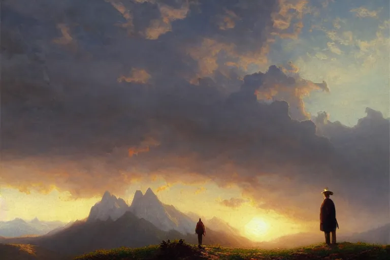 Prompt: a traveler wandering trough the mountains looking at the clouds, very detailed, oil painting, cinematic lighting, albert bierstadt, trending on artstation, colorful, canvas, sunset, hans dahl, grey cloak, brimmed hat, old man